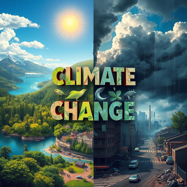 A visually striking and thought-provoking representation of climate change, featuring a stark contrast between a vibrant natural landscape and a polluted cityscape