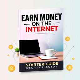 A captivating book cover design featuring a modern workspace with a laptop, a notepad, and a steaming coffee cup, signifying online entrepreneurship