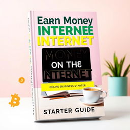 A captivating book cover design featuring a modern workspace with a laptop, a notepad, and a steaming coffee cup, signifying online entrepreneurship