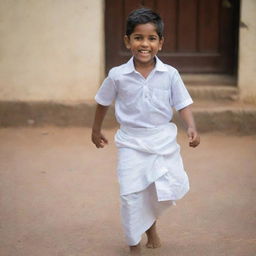 A young Indian boy, radiant with joy, in traditional attire wearing a crisp white lungi.