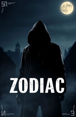 A mysterious and chilling representation of the Zodiac Killer, featuring a shadowy figure in a vintage 1970s outfit with a hood and sunglasses, standing in front of a dark cityscape under a moonlit sky