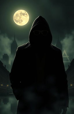 A mysterious and chilling representation of the Zodiac Killer, featuring a shadowy figure in a vintage 1970s outfit with a hood and sunglasses, standing in front of a dark cityscape under a moonlit sky