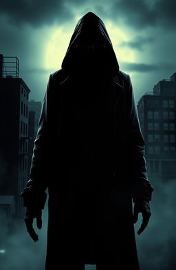 A mysterious and chilling representation of the Zodiac Killer, featuring a shadowy figure in a vintage 1970s outfit with a hood and sunglasses, standing in front of a dark cityscape under a moonlit sky