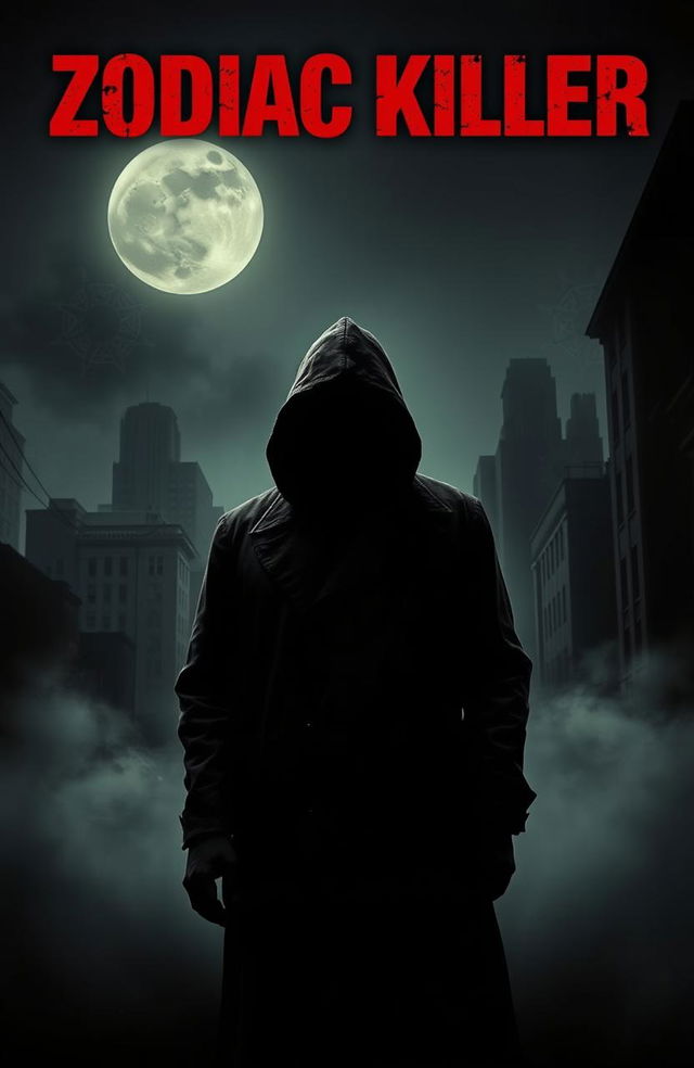 A mysterious and chilling representation of the Zodiac Killer, featuring a shadowy figure in a vintage 1970s outfit with a hood and sunglasses, standing in front of a dark cityscape under a moonlit sky