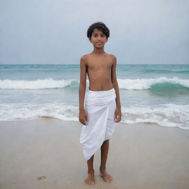 The same young Indian boy in a stark white lungi, now standing on a serene beach, sand under his bare feet, the ocean's tranquil waves shimmering in the background.