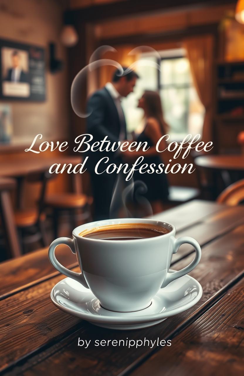 A romantic book cover featuring a steaming cup of coffee placed on a rustic wooden table in a cozy cafe