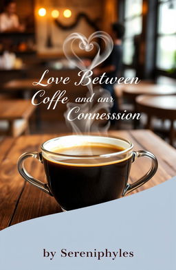 A romantic book cover featuring a steaming cup of coffee placed on a rustic wooden table in a cozy cafe