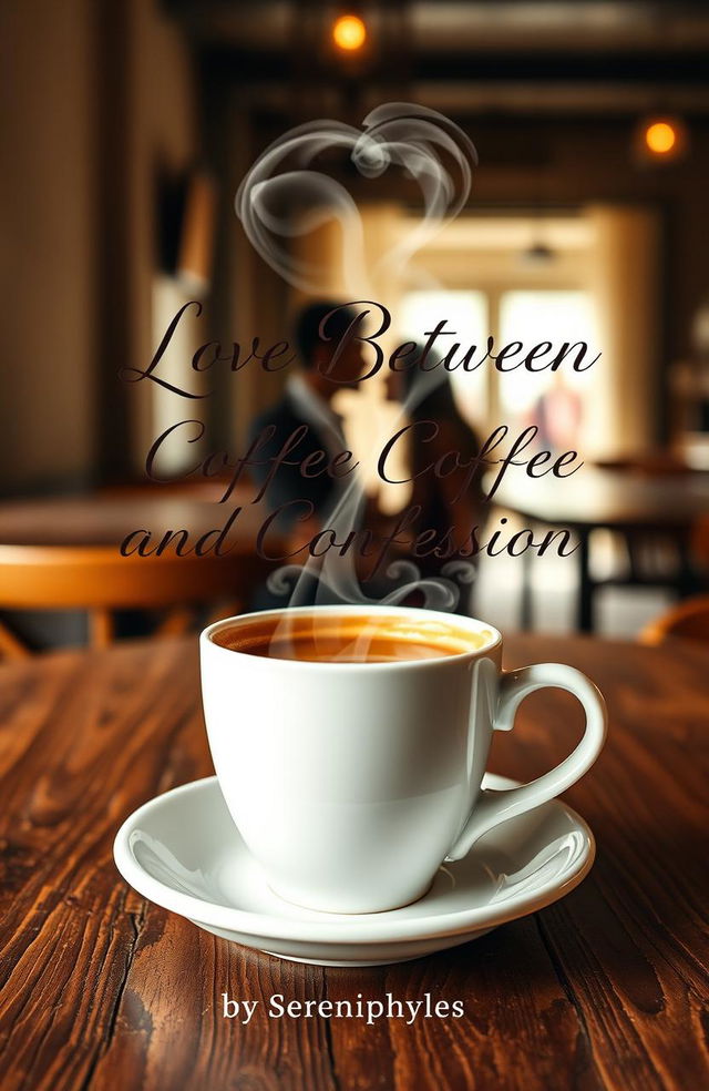 A romantic book cover featuring a steaming cup of coffee placed on a rustic wooden table in a cozy cafe