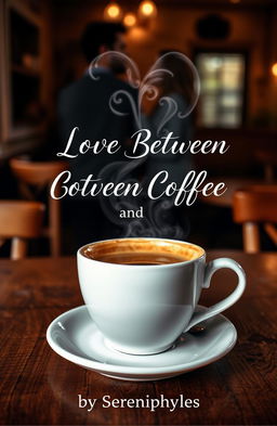 A romantic book cover featuring a steaming cup of coffee placed on a rustic wooden table in a cozy cafe