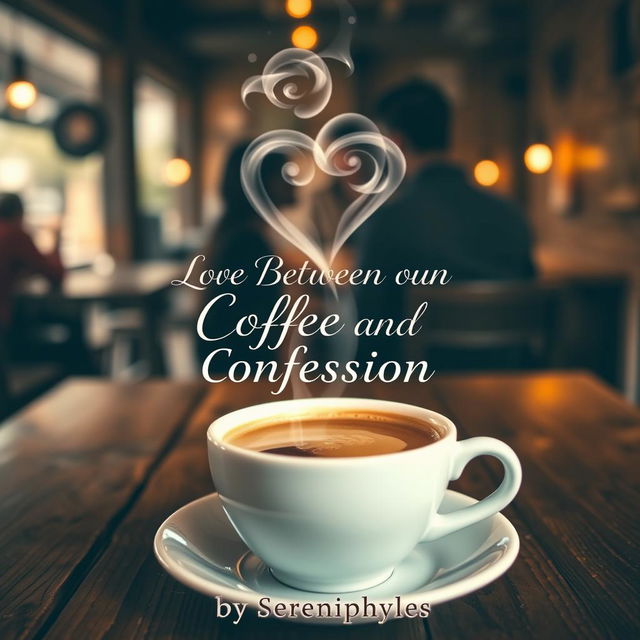 A romantic book cover featuring a steaming cup of coffee placed on a rustic wooden table in a cozy cafe