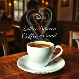 A romantic book cover featuring a steaming cup of coffee placed on a rustic wooden table in a cozy cafe