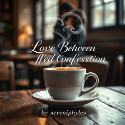 A romantic book cover featuring a steaming cup of coffee placed on a rustic wooden table in a cozy cafe