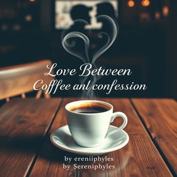 A romantic book cover featuring a steaming cup of coffee placed on a rustic wooden table in a cozy cafe