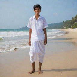 An Indian teenager, specifically 19 years old, wearing his traditional white lungi confidently, as he stands on a picturesque beach, the golden sands beneath his feet and the calming sea behind him.