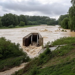 A significant flood causing the destruction of a one-lane, road-level bridge, capturing the sheer force of nature's upheaval.