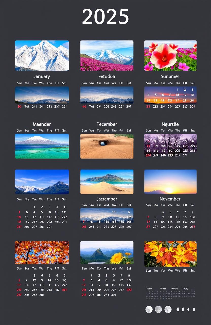 A beautifully designed wall calendar for the year 2025, featuring stunning landscape photography for each month