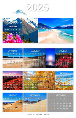 A beautifully designed wall calendar for the year 2025, featuring stunning landscape photography for each month