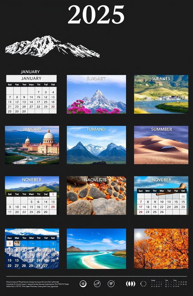 A beautifully designed wall calendar for the year 2025, featuring stunning landscape photography for each month