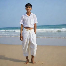 An Indian teenager, specifically 19 years old, wearing his traditional white lungi confidently, as he stands on a picturesque beach, the golden sands beneath his feet and the calming sea behind him.