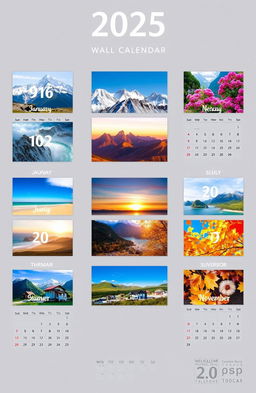 A beautifully designed wall calendar for the year 2025, featuring stunning landscape photography for each month