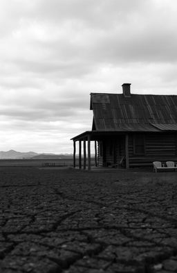 A black and white image of a Great Depression era farmhouse, showcasing its rustic charm, surrounded by vast barren farmland