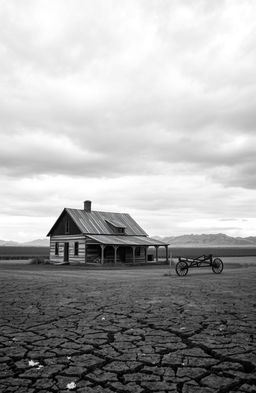 A black and white image of a Great Depression era farmhouse, showcasing its rustic charm, surrounded by vast barren farmland