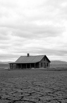 A black and white image of a Great Depression era farmhouse, showcasing its rustic charm, surrounded by vast barren farmland