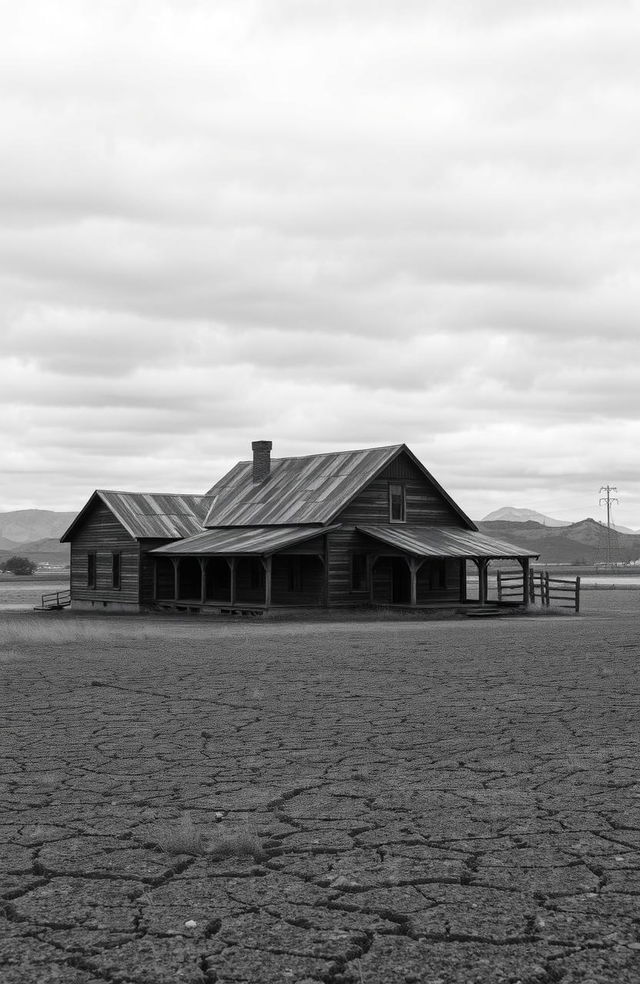 A black and white image of a Great Depression era farmhouse, showcasing its rustic charm, surrounded by vast barren farmland