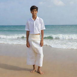 An Indian teenager, specifically 19 years old, wearing his traditional white lungi confidently, as he stands on a picturesque beach, the golden sands beneath his feet and the calming sea behind him.