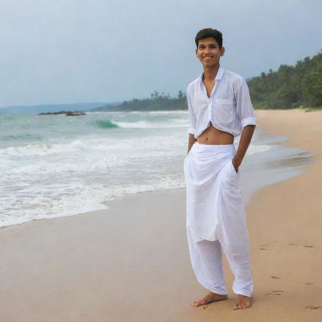 An Indian teenager, specifically 19 years old, wearing his traditional white lungi confidently, as he stands on a picturesque beach, the golden sands beneath his feet and the calming sea behind him.