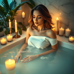 A serene and inviting scene of a woman soaking in a beautifully styled bathroom