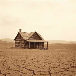 A sepia toned image of a Great Depression era farmhouse, exuding a nostalgic feel and showcasing its rustic charm, surrounded by extensive barren farmland