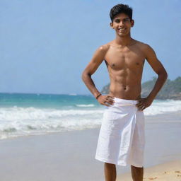 The same Indian teenager, now shirtless, showing a strong, lean physique. He's still wearing his white lungi and stands proudly on the beautiful beach, the infinite sea as his backdrop.