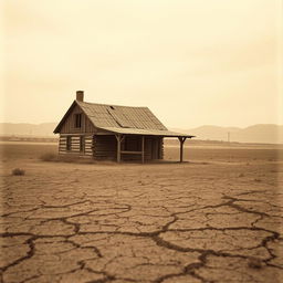 A sepia toned image of a Great Depression era farmhouse, exuding a nostalgic feel and showcasing its rustic charm, surrounded by extensive barren farmland