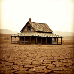 A sepia toned image of a Great Depression era farmhouse, exuding a nostalgic feel and showcasing its rustic charm, surrounded by extensive barren farmland