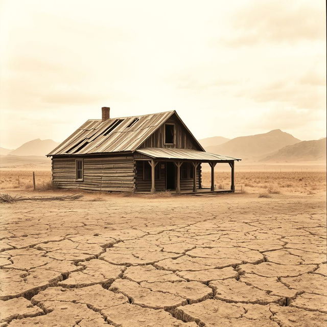 A sepia toned image of a Great Depression era farmhouse, exuding a nostalgic feel and showcasing its rustic charm, surrounded by extensive barren farmland