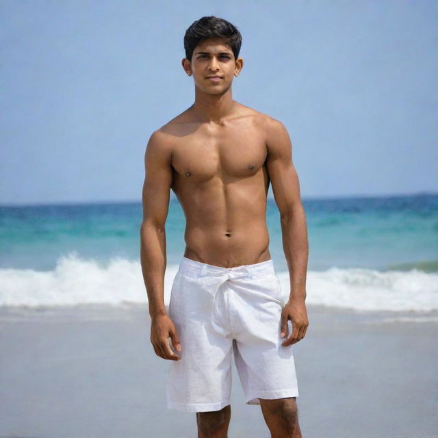 The same Indian teenager, now shirtless, showing a strong, lean physique. He's still wearing his white lungi and stands proudly on the beautiful beach, the infinite sea as his backdrop.