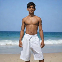 The same Indian teenager, now shirtless, showing a strong, lean physique. He's still wearing his white lungi and stands proudly on the beautiful beach, the infinite sea as his backdrop.