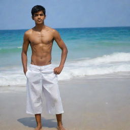 The same Indian teenager, now shirtless, showing a strong, lean physique. He's still wearing his white lungi and stands proudly on the beautiful beach, the infinite sea as his backdrop.