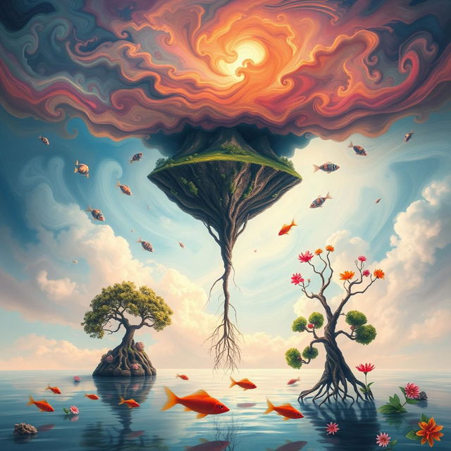 An abstract interpretation of the phrase 'Never up', depicted as a surreal landscape where everything is turned upside down