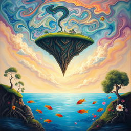 An abstract interpretation of the phrase 'Never up', depicted as a surreal landscape where everything is turned upside down