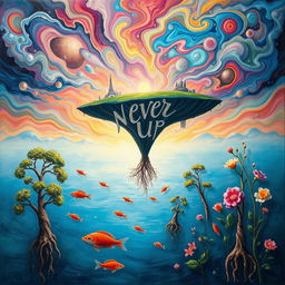 An abstract interpretation of the phrase 'Never up', depicted as a surreal landscape where everything is turned upside down