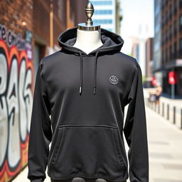 A stylish black hoodie showcased on a mannequin in a bright urban setting