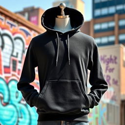 A stylish black hoodie showcased on a mannequin in a bright urban setting