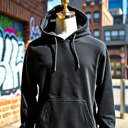 A stylish black hoodie showcased on a mannequin in a bright urban setting