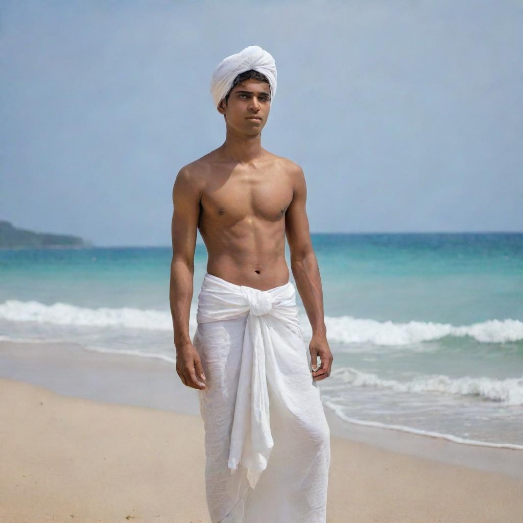 Imagine a 19-year-old Indian teenager, standing shirtless with a white lungi and a matching white cloth tied around his head, creating a striking contrast. He is standing against the stunning backdrop of a tranquil beach.