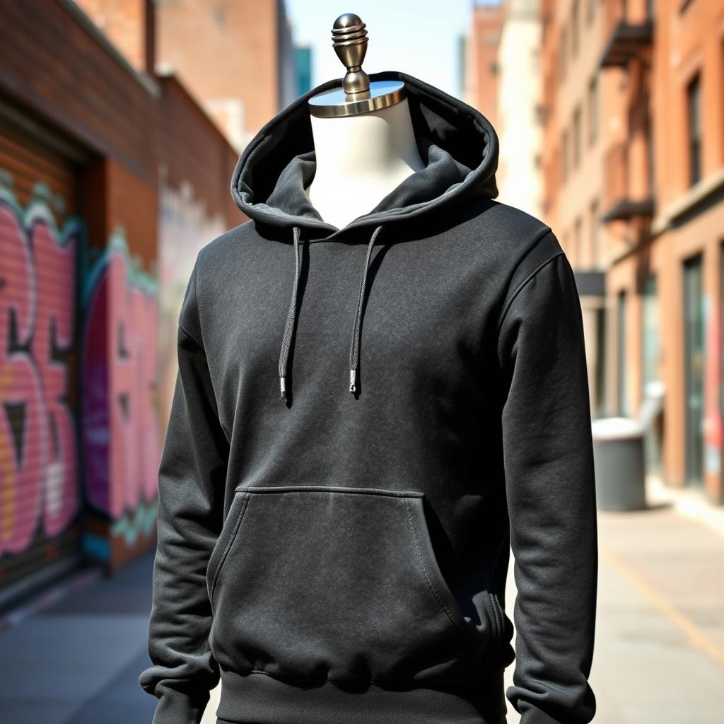 A stylish black hoodie showcased on a mannequin in a bright urban setting