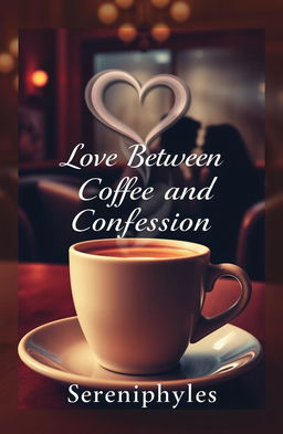 A cozy cafe scene featuring a warm cup of coffee with heart-shaped steam rising above it