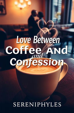 A cozy cafe scene featuring a warm cup of coffee with heart-shaped steam rising above it