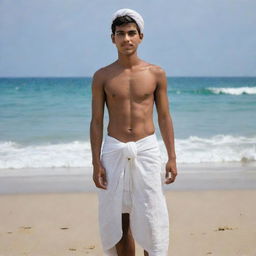 Imagine a 19-year-old Indian teenager, standing shirtless with a white lungi and a matching white cloth tied around his head, creating a striking contrast. He is standing against the stunning backdrop of a tranquil beach.